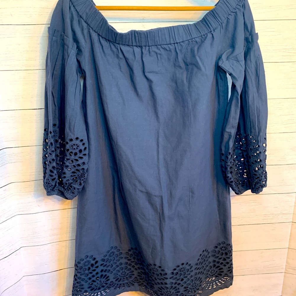 Vince Camuto Blue Eyelet Off the Shoulder Balloon Sleeve Cotton Shift Dr…